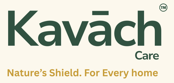 Kavach Care logo with tagline 'Nature's Shield. For Every Home' on a light green background